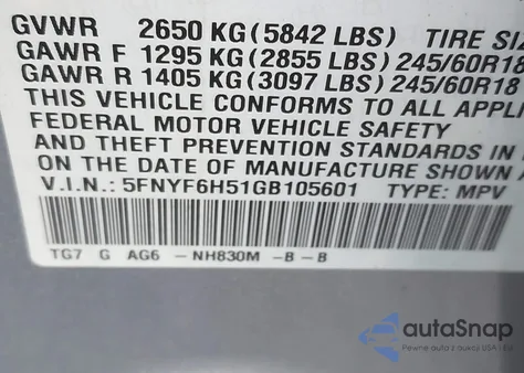 2016 Honda Pilot Ex-L из США, поврежденный, VIN 5FNYF6H51GB105601